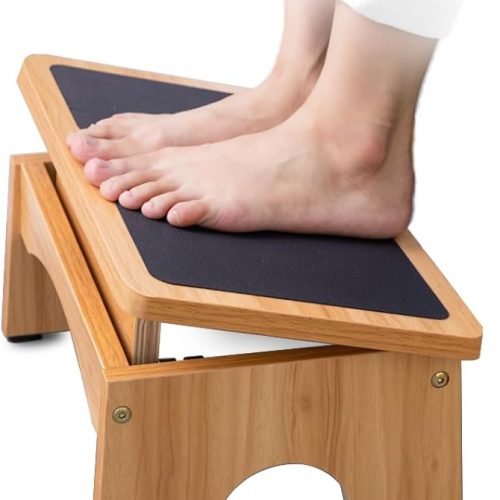 Adjustable wooden foot stool under desk, 3 angles, non-slip wide platform, stable leg support for workstation gaming.