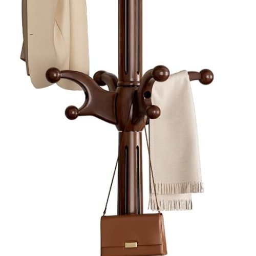 Solid wood rotary coat rack freestanding with 2 layer hooks, heavy duty, 360?? rotating coat hanger stand for entryway, bedroom, office.