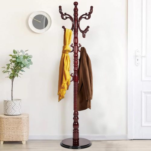 Wooden coat rack freestanding, hall tree hanger with resin hooks, adjustable height, heavy duty for hanging clothes bags hats in living room bedroom.