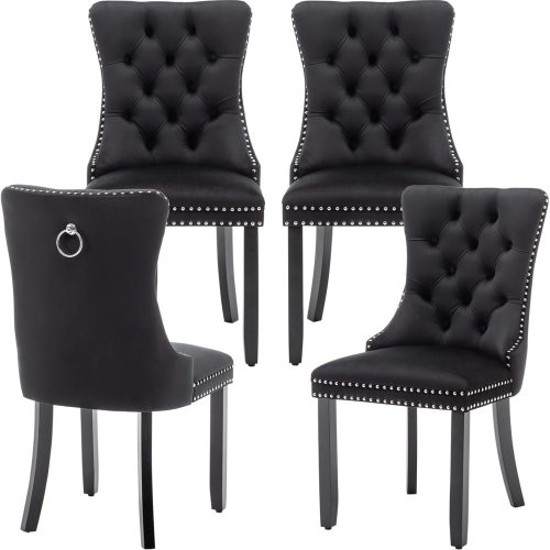 Dining chairs set of 4, upholstered velvet, tufted backrest, nailhead trim, solid wood legs, for dining room and kitchen.