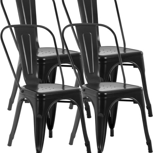 Dining chairs set of 4, metal frame, stackable, 330lbs load capacity, non-slip feet, indoor/outdoor use, ideal for kitchen and restaurants.