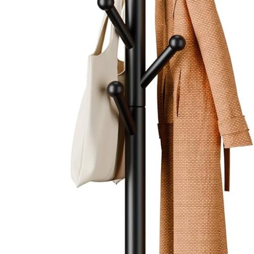 Freestanding coat rack, 8 hooks, 3 heights, safe round tips, tool-free assembly, holds clothes hats handbags, ideal for entryway bedroom hallway office.
