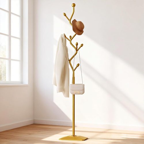 Metal coat tree with 8 hooks, sturdy cast iron base, heavy duty freestanding coat hanger stand for clothes hats scarfs purses.