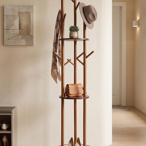 Wood rotary coat rack freestanding with shelf for entryway, 360?? rotating with 9 hooks and 3 shelves, coat tree for entryway, living room, coat hanger stand for coats, scarves, hat.