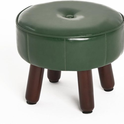 Small round foot stool ottoman, faux leather footrest, non-skid rubber legs, for living room bedroom.