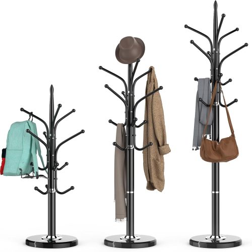 Heavy duty coat rack with marble base, 12 hooks, adjustable heights, freestanding coat tree, metal coat stand, for coats, bags and hats in entryway.