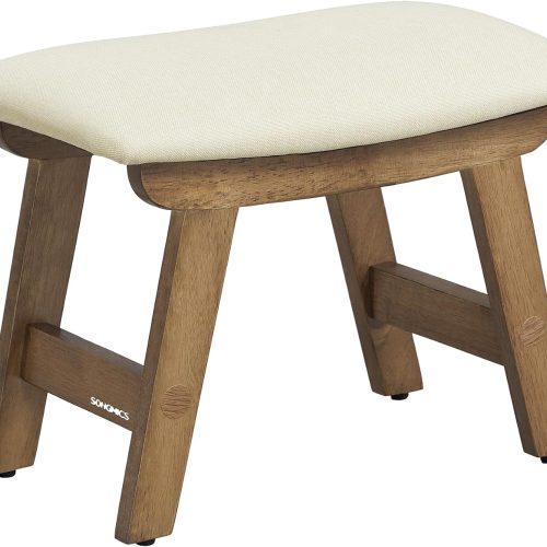 Padded foot rest under desk, solid wood frame, removable cover, for living room.