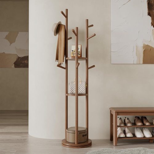 Solid wood rotary coat rack freestanding with 3 shelves and 9 hooks, coat tree for bedroom, entryway, living room, coat hanger stand for coats, scarves, handbags.