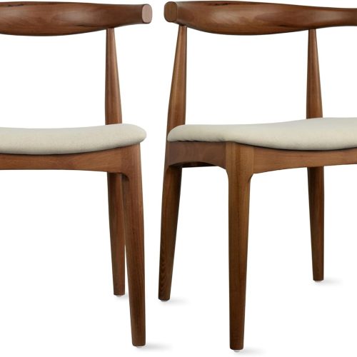 Dining chairs set of 2, solid wooden frame, upholstered beige linen cushion, modern farmhouse, for home, kitchen, office.