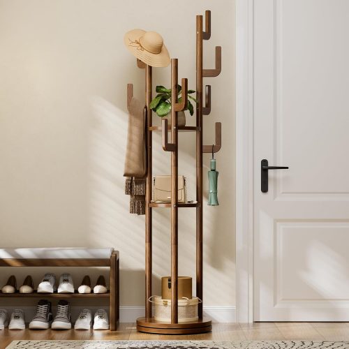Rotary coat rack freestanding, solid wood coat tree with 9 hooks and 3 storage shelves for purse, bag, jacket, hat, corner hanger stand racks for hall, entryway, office.