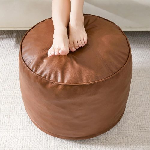 Round stuffed pouf ottoman, PU leather, foam chunk filling, storage foot stool for living room.