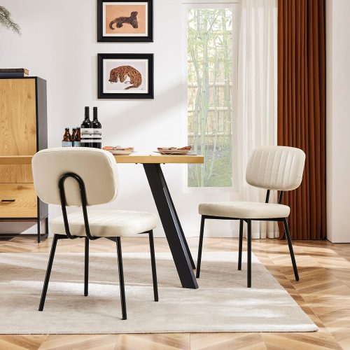 Dining chairs set of 2, upholstered faux leather cushion seat, metal legs, mid-century modern, for home office, living room, kitchen.