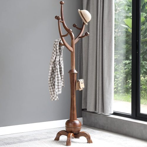 Wood coat tree rack with 8 hooks, creative tree branch-look design, standing coat rack clothes hanger stand with sturdy base for entryway, hallway, bedroom, load 160lb.