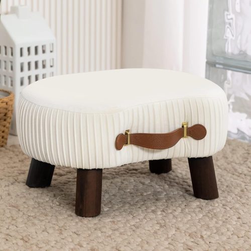 Curved foot stool with handle, velvet upholstered, modern foot rest with wooden legs, padded seat for couch living room.
