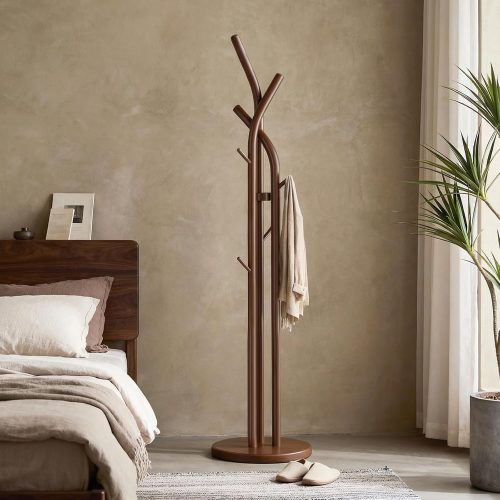 Solid wood coat tree rack with 9 hooks, creative tree-shaped design, standing coat rack clothes hanger stand with sturdy base for entryway, bedroom, load 300lb.