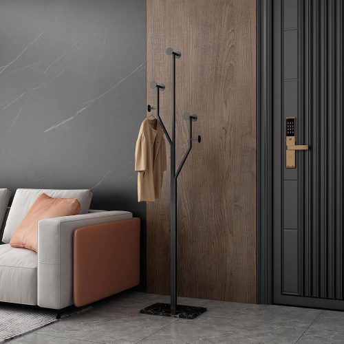 Tree-shaped freestanding coat rack for entryway bedroom, easy assembly, space saver, heavy duty, metal frame, marble base, 8 hooks, living room, office, corner.