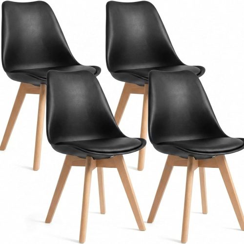 Dining chairs set of 4, upholstered PU leather padded seat, armless, curved backrest, solid wood legs, for dining room, kitchen, apartment.
