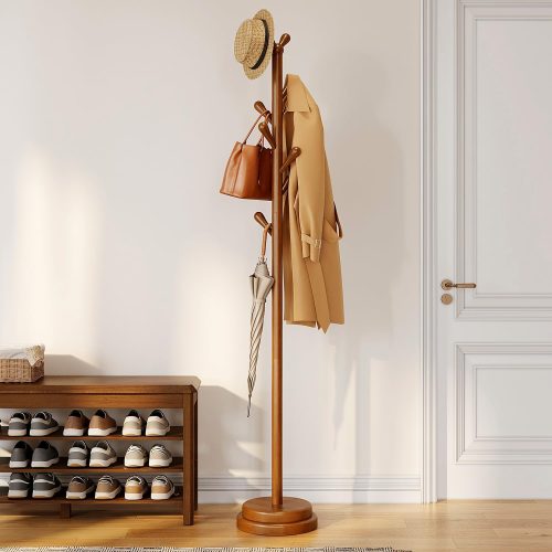 Solid wood coat rack freestanding with 8 hooks, adjustable height, rounded hooks, dual-layer base, holds coats hats bags for entryway, bedroom.