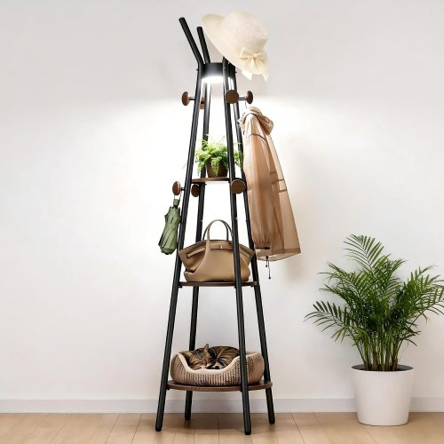 Freestanding coat rack with light, 12 hooks and 3 wood shelves.