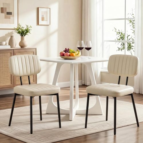 Dining chairs set of 2, PU leather upholstered, metal legs, shell style backrest, mid-century modern, for dining and living room.
