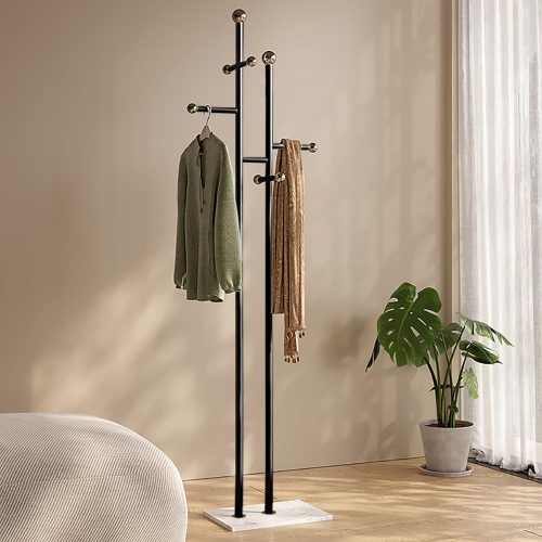 Metal standing coat rack for entryway bedroom living room, easy assembly, compact footprint, space saver, metal frame, marble base, sturdy, 8 spherical hooks, office, corner.