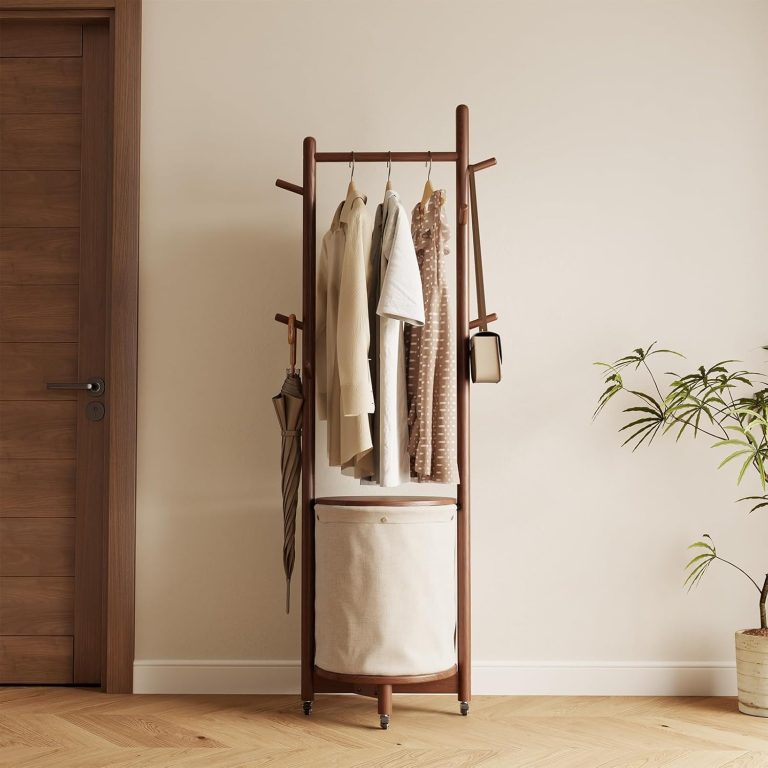 Solid wood coat rack with fabric basket, freestanding rolling coat tree with 9 hooks and wheels, small clothes rack for entryway bedroom hallway living room.