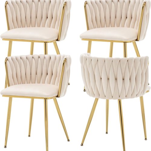 Dining chairs set of 4, velvet upholstered, woven design, gold metal legs, for dining room, vanity, kitchen, living room.