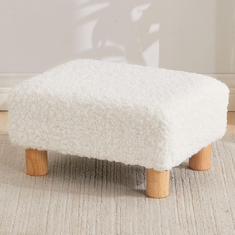 Sherpa footstool ottoman, soft furry rectangular footrest for couch, small size for living room entryway and bedroom.