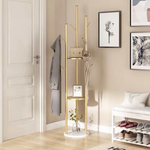 Gold metal coat rack freestanding with shelves and marble base, coat tree with 9 hooks for scarves, bags, modern coat rack stand for entryway, living room, bedroom, easy assembly.