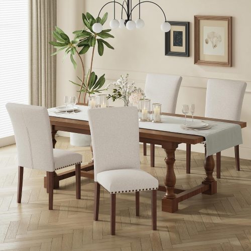 Dining chairs set of 4, upholstered linen, high back, for round kitchen table or small dining room.