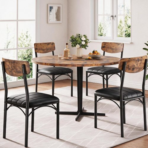 Dining chairs set of 4, PU leather upholstered, wooden backrest, thickened metal legs, industrial style, for dining and living room.