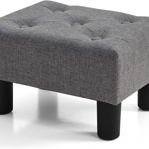 Small foot stool with legs, linen upholstered, stable construction for living room, gray.