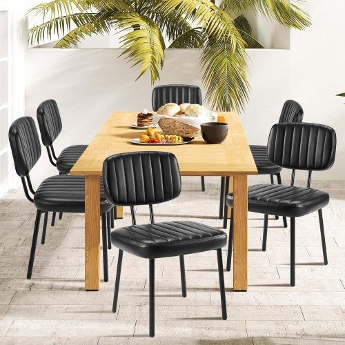 Dining chairs set of 2, PU leather upholstered, mid-century style, metal legs and backrest, for kitchen, dining, living room.