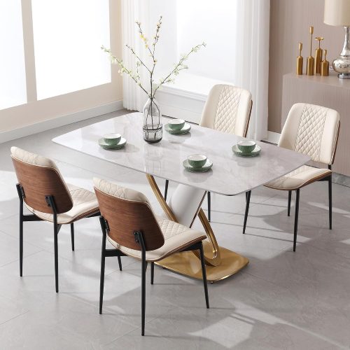 Dining chairs set of 4, PU leather upholstery, metal legs, walnut bentwood backrest, adjustable foot pads, mid-century modern, for kitchen and dining room.