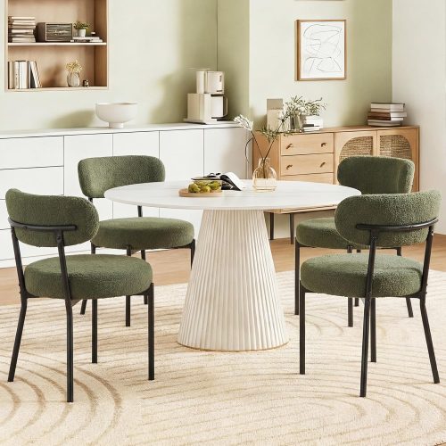 Dining chairs set of 2, round upholstered curved backrest, metal legs, mid-century modern, green finish, for kitchen, vanity, living room.