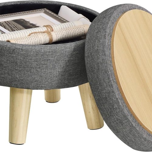 Storage ottoman foot stool, wood legs, small table for hallway living room, linen-look fabric.