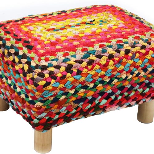 Braided cotton rag rug footrest, handmade boho leg rest with sturdy wood legs, small spaces under desk living room office.