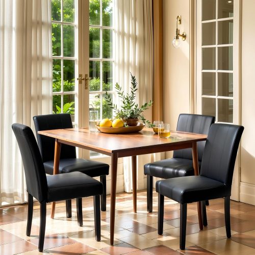 Dining chairs set of 4, faux leather upholstered, wooden legs, modern parson style, for dining room and kitchen.