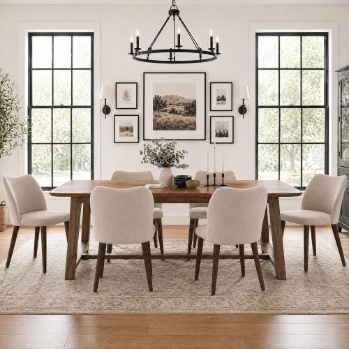Dining chairs set of 6, upholstered fabric, curved back, padded seat, solid wood legs, for kitchen and dining room.