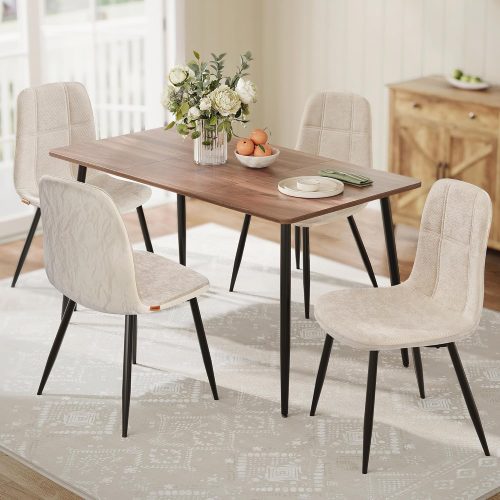 Dining chairs set of 4, metal frame, adjustable feet, easy to clean, chenille fabric and synthetic leather, for kitchen and dining room.