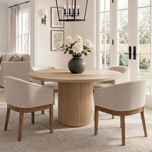 Dining chairs set of 4, mid-century modern, upholstered linen, arms, solid wood frame, for kitchen, dining room, apartment.