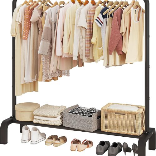 Garment rack clothing clothes rack for organizing, metal, with bottom shelf for hanging clothes coats skirts shirts sweaters.