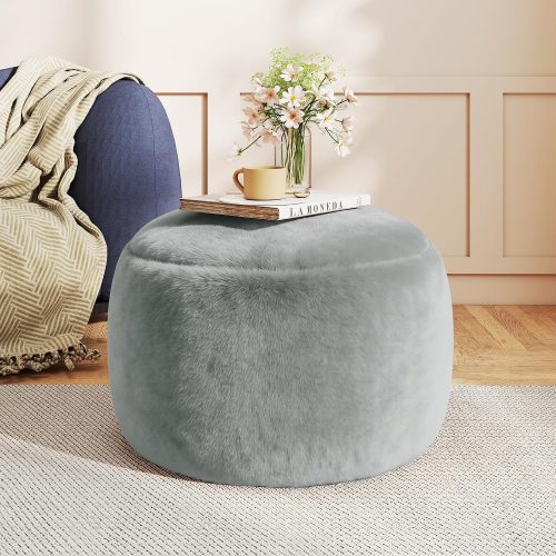 Round stuffed pouf ottoman, faux fur with memory foam filling, soft foot stool for living room nursery dorm.