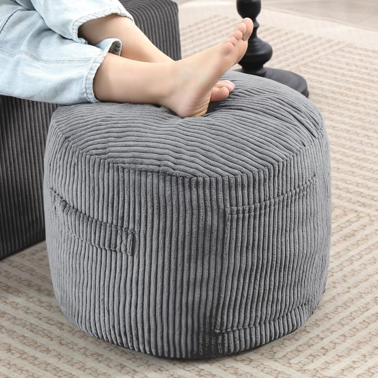 Round stuffed pouf ottoman, corduroy foot rest, rebound foam filling, furry foot stool for living room.