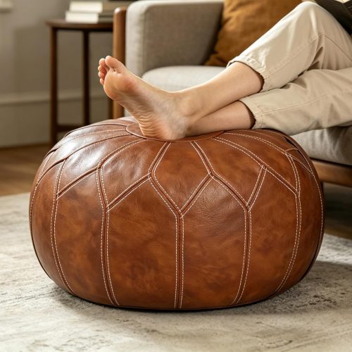 Round unstuffed pouf cover, faux leather storage ottoman, boho Moroccan foot stool, no filling included.