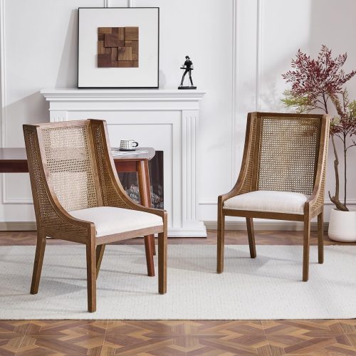 Dining chairs set of 2, fabric upholstery, rubberwood frame, cane webbing, extra seat, for dining room.