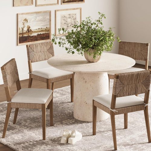 Dining chairs set of 4, boucle upholstery, seagrass accent, solid wood legs, boho style, for dining room.