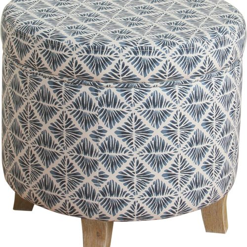 Round storage ottoman, upholstered with flared legs, for living room bedroom.